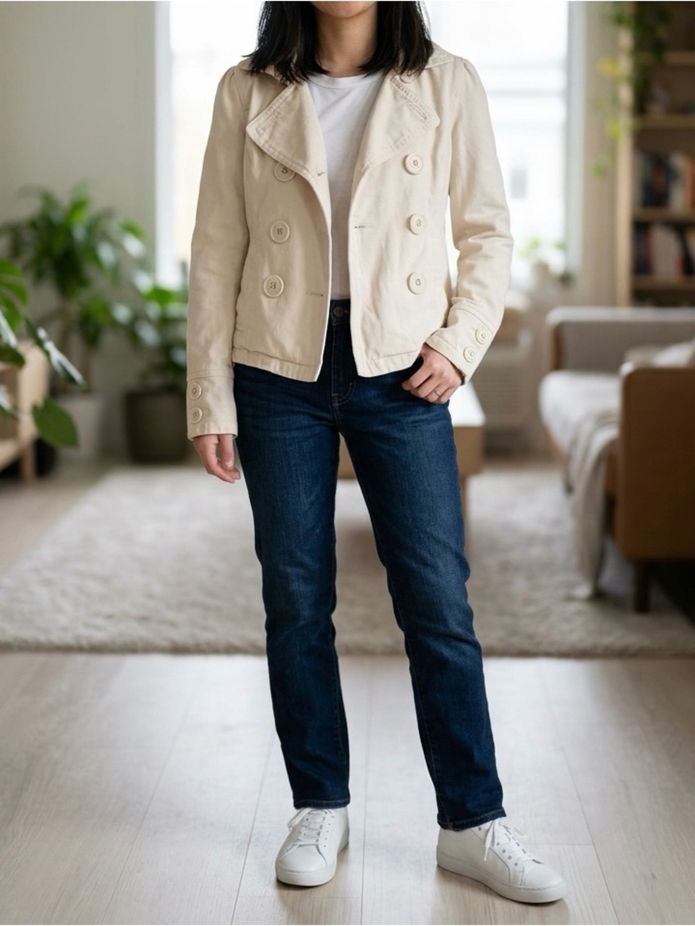 American Eagle Outfitters Cream Double-Breasted Pea Coat